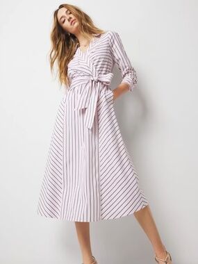 White House Black Market Poplin Midi Shirt Dress in Sherry Stripe White